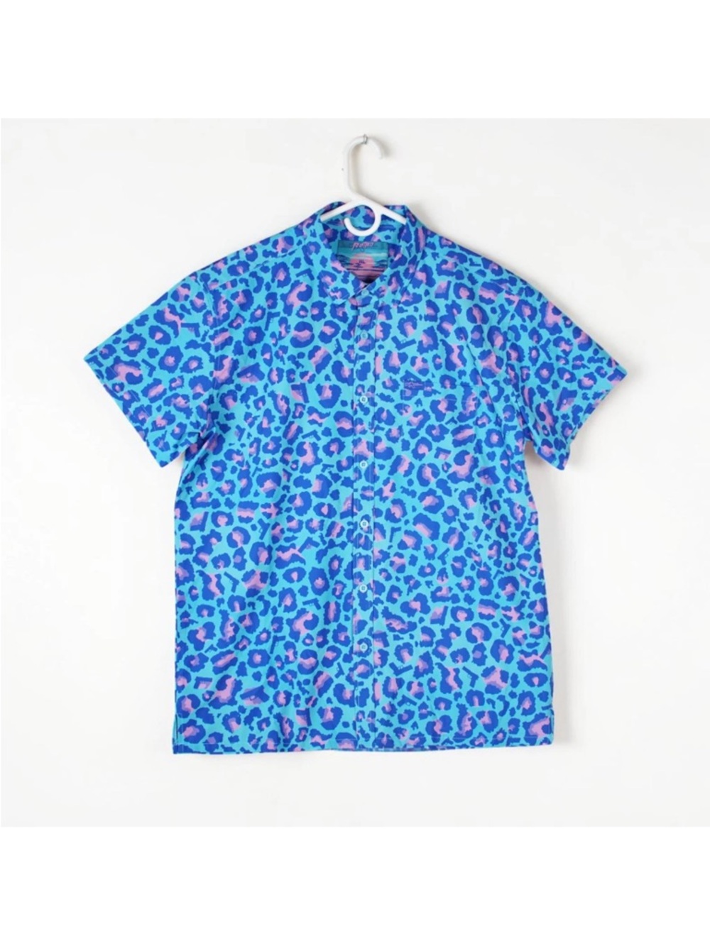 Retro Rifle Blue Leopard Pistol Print Short Sleeve Button Down Shirt Men XL Blue